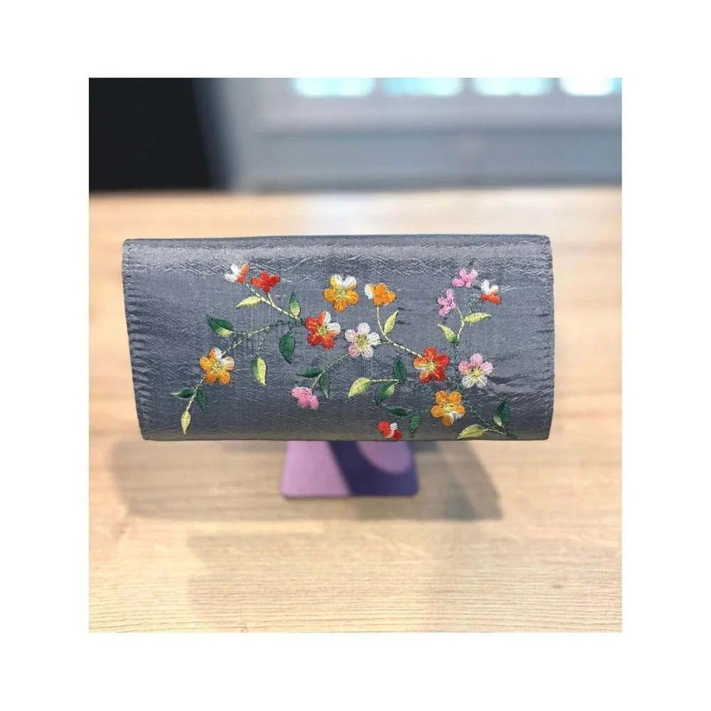 Floral Embroidered Gray Satin Clutch Wallet Magnetic Snap Organizer